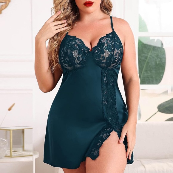 NEW| Plus Size Teal Satin Slip Dress - Picture 3 of 7